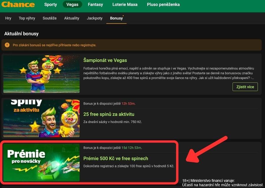 Bonus 500&nbsp;Kč ve free spinech v&nbsp;sekci Bonusy u&nbsp;Chance