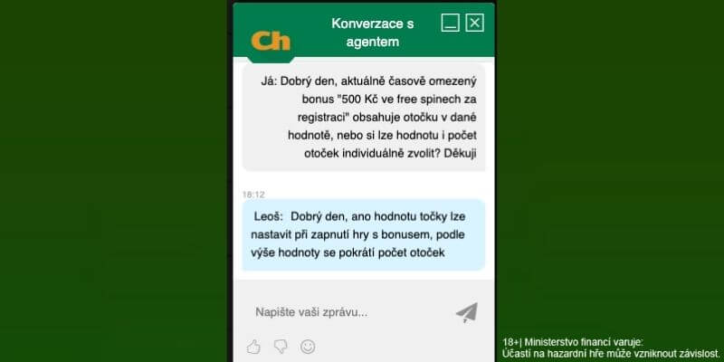 Live chat podpory Chance potvrzující směnitelnost free spinů