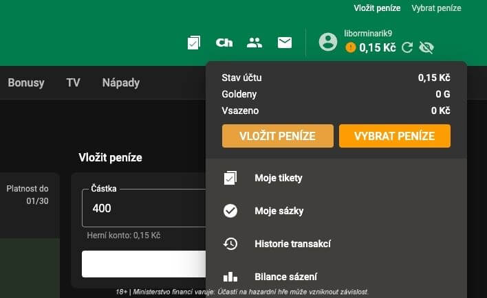 Sekce pro vklady u Chance Vegas