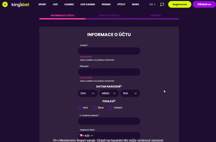 Kingsbet registrace: vyplnění formuláře