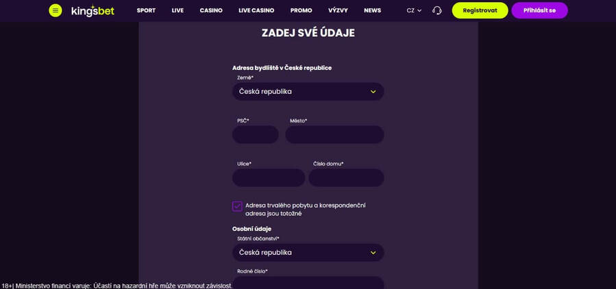 Kingsbet registrace: vyplnění druhé části formuláře