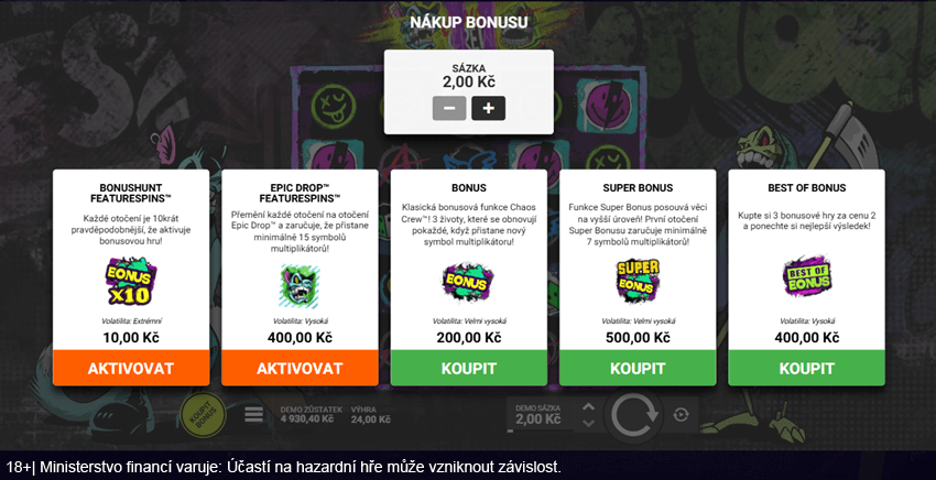 Funkce Bonus Buy na hracím automatu Chaos Crew 2 od Hacksaw Gaming