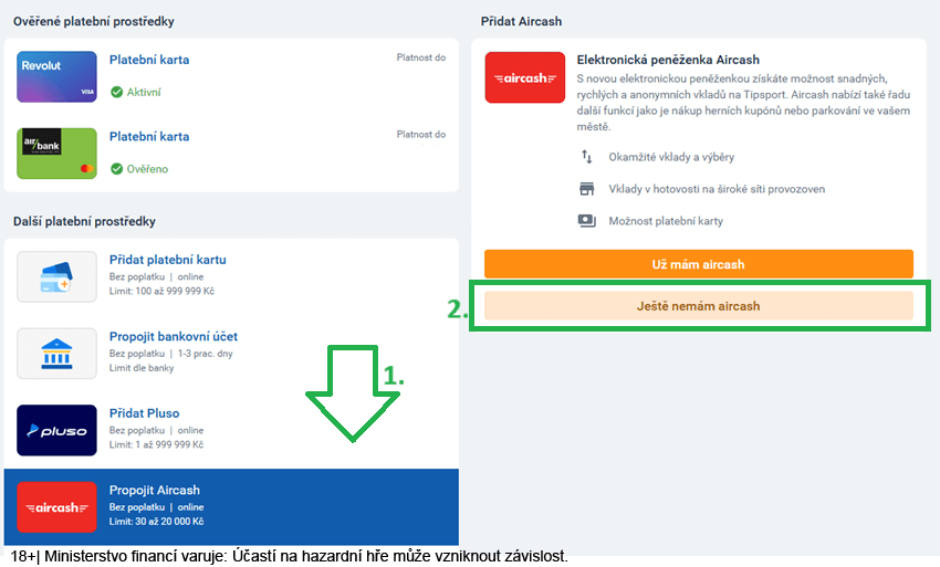 Založte si Aircash účet přímo ze stránek Tipsportu
