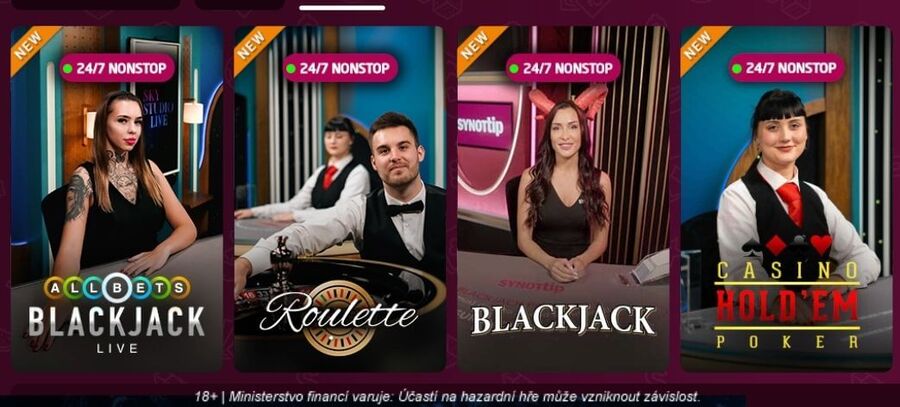 Hry v SYNOT TIP live casinu Nabídka dostupných her v SYNOT TIP live casinu