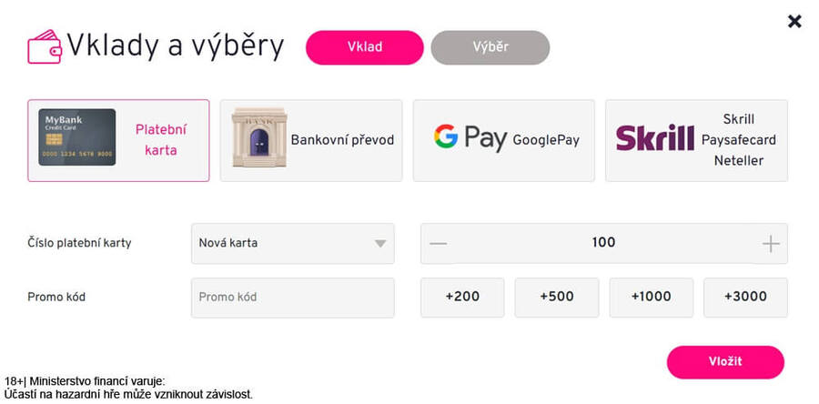 Promo kód ke vkladu se zpravidla vepisuje do sekce VKLAD Promo kód ke vkladu se zpravidla vepisuje do sekce VKLAD