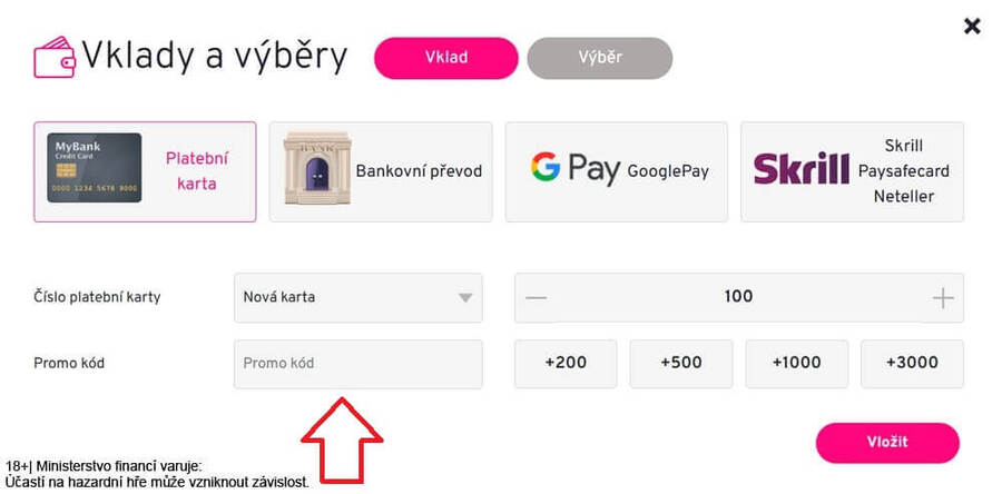 Promo kód ke vkladu se vepisuje v sekci VKLAD po přihlášení na herní konto