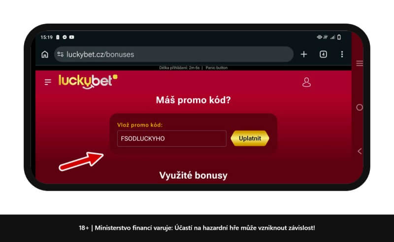 V LuckyBet casinu je políčko pro vepsání promo kódů v&nbsp;sekci BONUSY