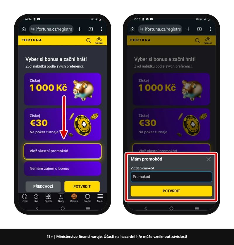 Promo kód bez vkladu se obvykle vepisuje v&nbsp;úvodu registračního formuláře – příklad Fortuny