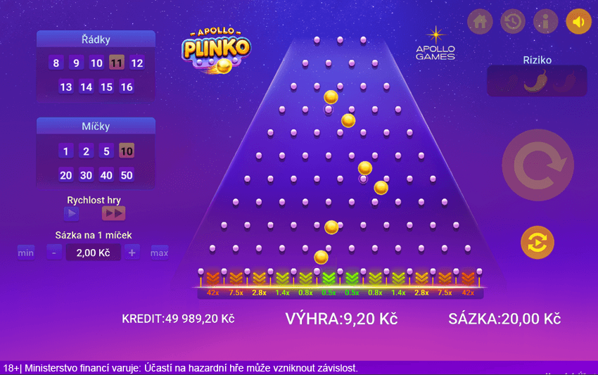 Ukázka rozhraní kasinové hry Apollo Plinko u Sazka Her