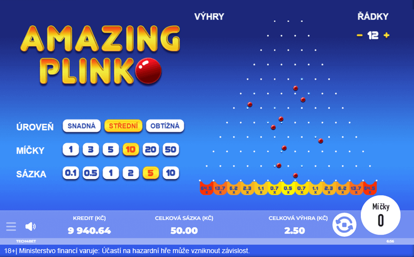 Ukázka rozhraní casino hry Amazing Plinko u Sazka Her