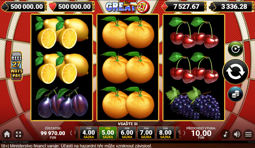 Hrací automat Great 27 si zahrát v online casinu Betano