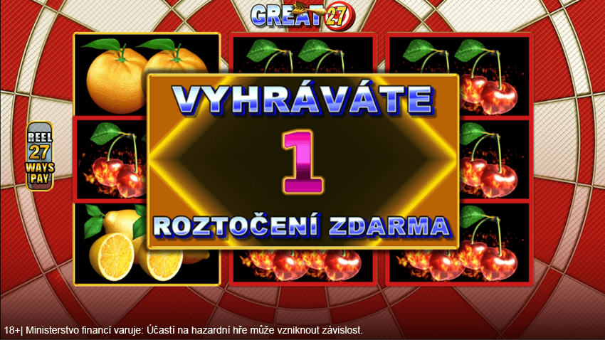 Free spiny na automatu Great 27 spouští symboly třešní nebo hvězd