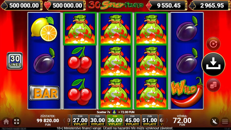 Bonusová hra free spins na automatu 30 Spicy Fruits