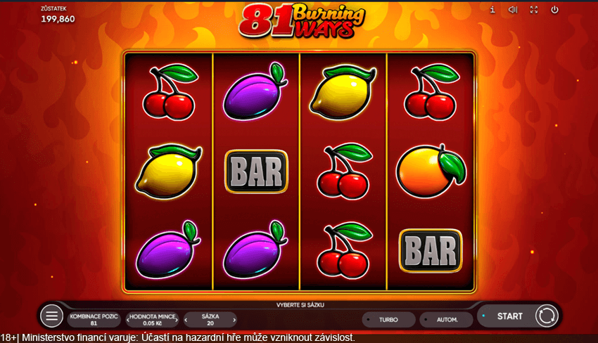 Hrací automat 81 Burning Ways od Endorphiny je ovocný čtyřválec se třemi řadami