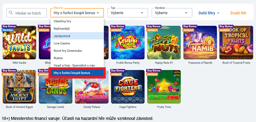 Vyhledejte si Bonus Buy automaty u&nbsp;Tipsportu pomocí speciálního filtru