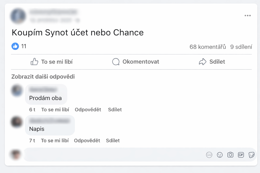 Ukázka nelegální nabídky na nákup casino účtu na sociální síti