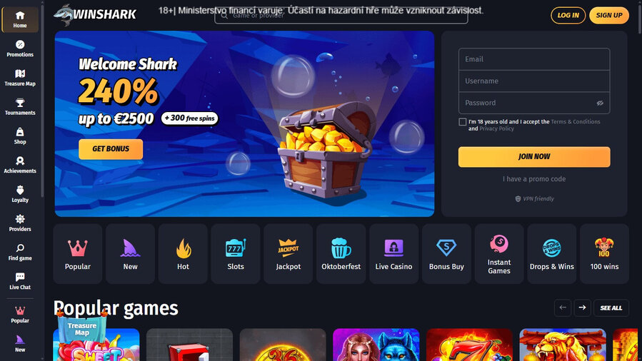 Winshark casino není určené pro české hráče