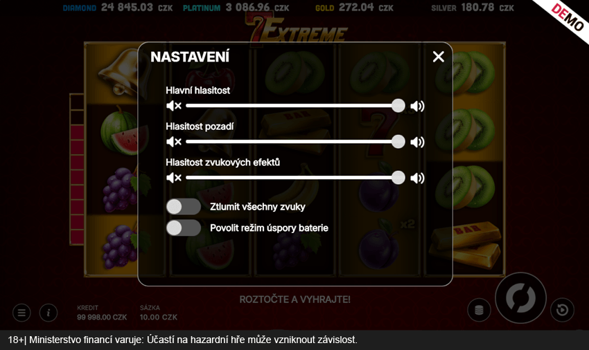 Nastavení hry a&nbsp;sázek ve slotu 7 Extreme od Evony