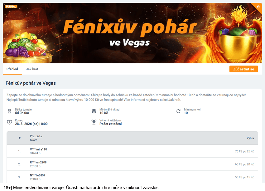 Promo akce Fénixův pohár ve Vegas u&nbsp;Tipsportu s&nbsp;bodovým systémem za hraní