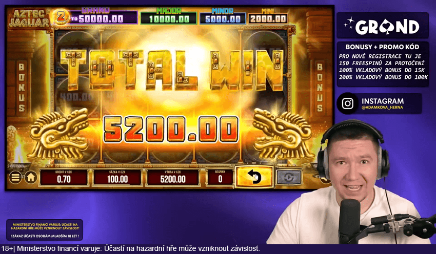 Obrázek z&nbsp;videa, kde streamer Adamko hraje v&nbsp;online casinu Grandwin