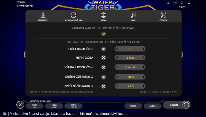 Detailní nastavení autospinu u&nbsp;automatu Water Tiger od Endorphiny