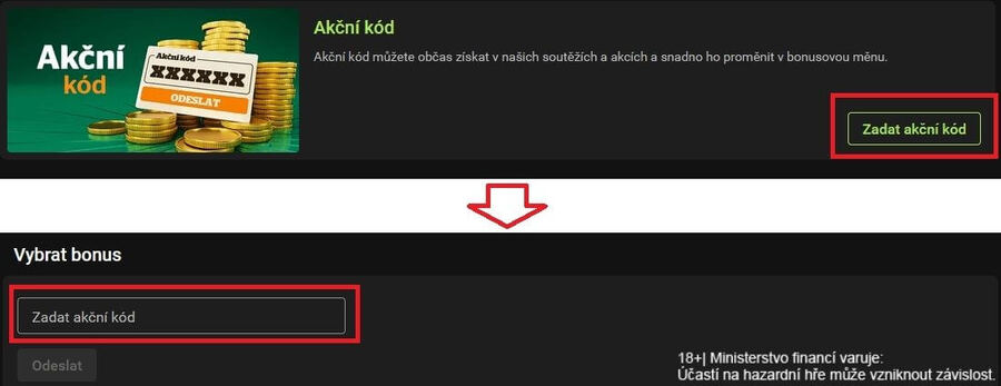 Pole pro zadání akčního kódu Chance v&nbsp;bonusové sekci