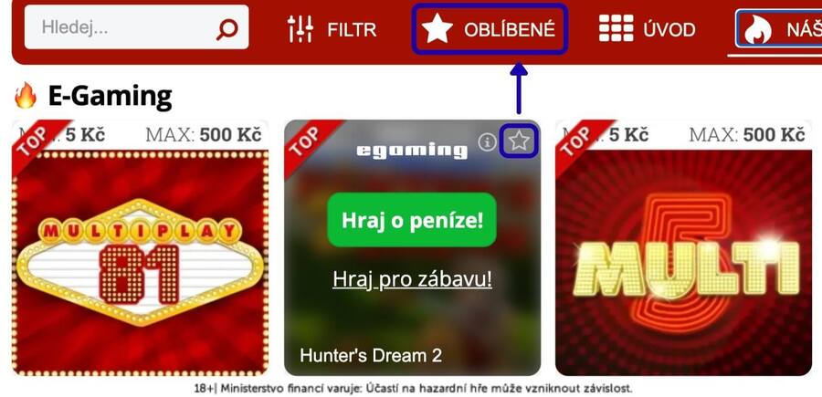 Přidání automatu mezi oblíbené v&nbsp;online casinu MONACObet