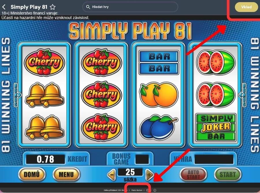 Porovnání viditelnosti tlačítek Vklad a&nbsp;Panic button v&nbsp;casinu Vsaď a&nbsp;hrej
