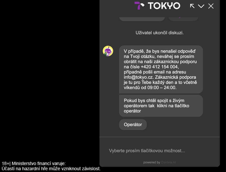 Přepojení z&nbsp;AI chatu na operátora v&nbsp;casinu Tokyo