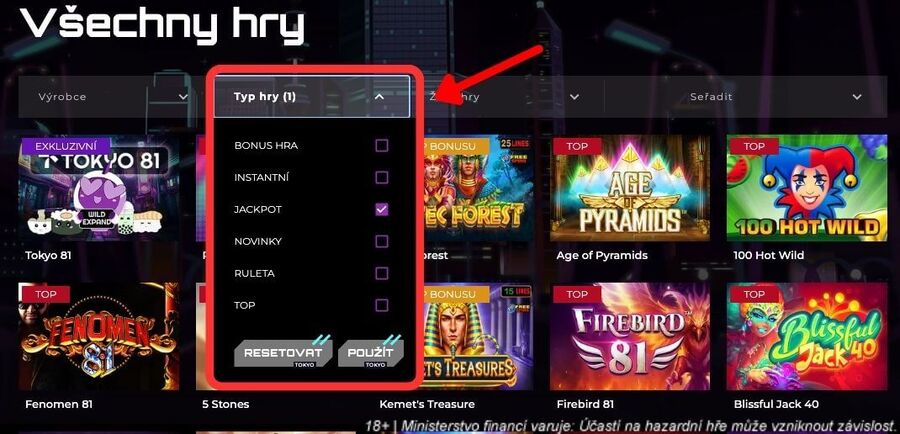 Přehled filtrů her v&nbsp;online casinu Tokyo