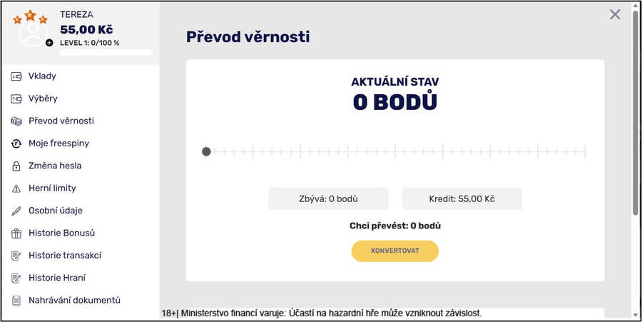 Ve svém účtu můžete převést své body na&nbsp;Kč