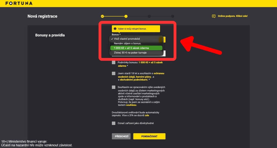 Aktivace uvítacího bonusu Fortuna během registrace