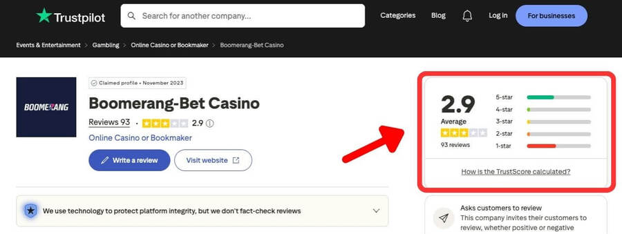 Boomerang Bet casino na Trustpilotu s&nbsp;hodnocením 2,9