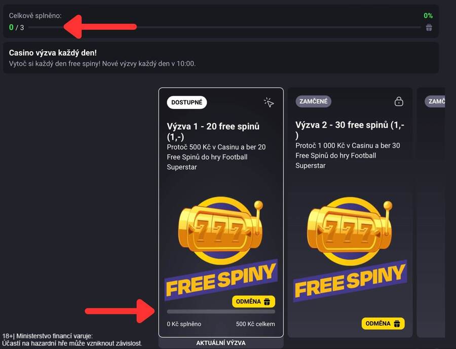 Stav plnění denní výzvy v&nbsp;Casino výzvě u&nbsp;Fortuny