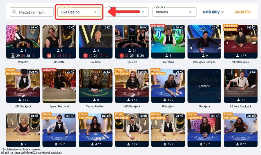 Filtr Live Casino v&nbsp;sekci Vegas u&nbsp;Tipsportu