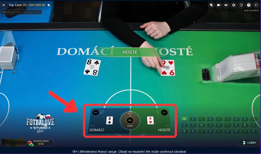 Rozhraní live casino hry Top Card u&nbsp;Tipsportu