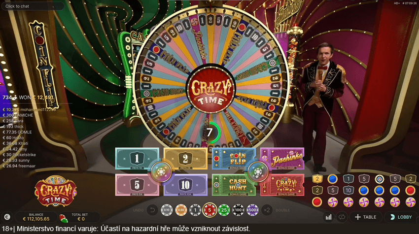 Rozhraní live game show Crazy Time od Evolution