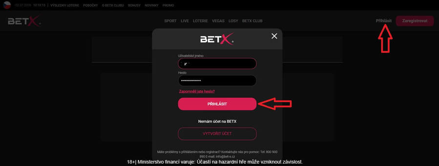 Přihlášení v&nbsp;online casinu Betx
