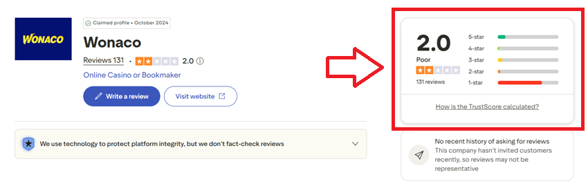 Wonaco casino recenze na Trustpilotu
