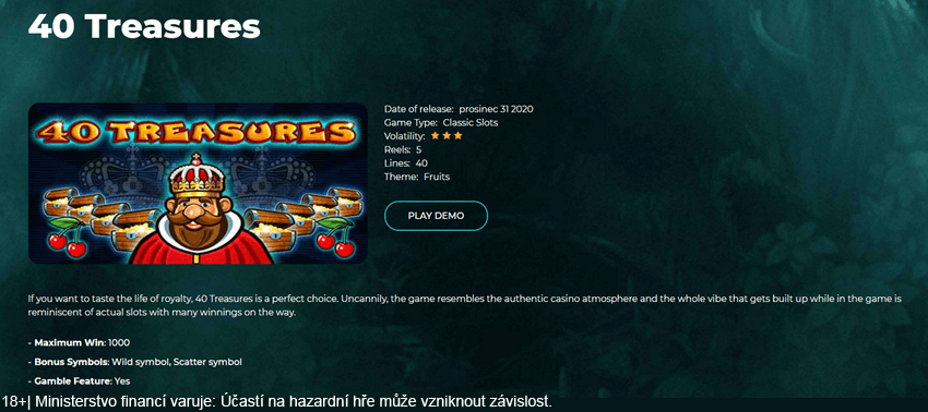 Hrací automat 40 Treasures na webu CT Interactive