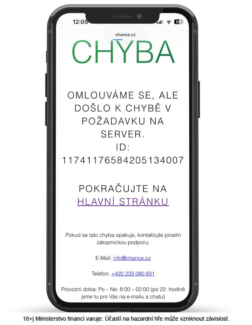 Chybová stránka při technických problémech casina Chance