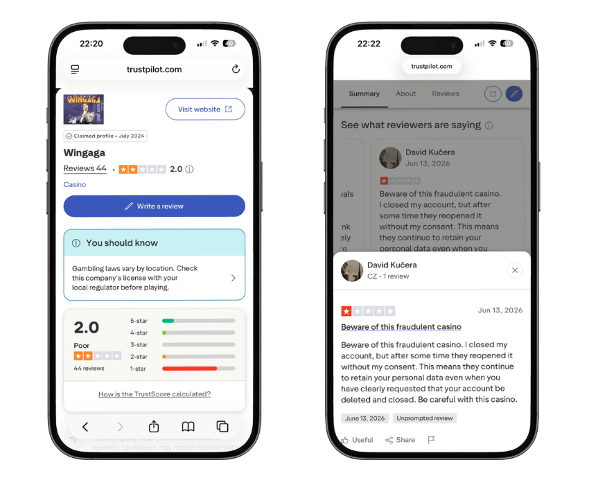 WinGaga recenze na webu Trustpilot