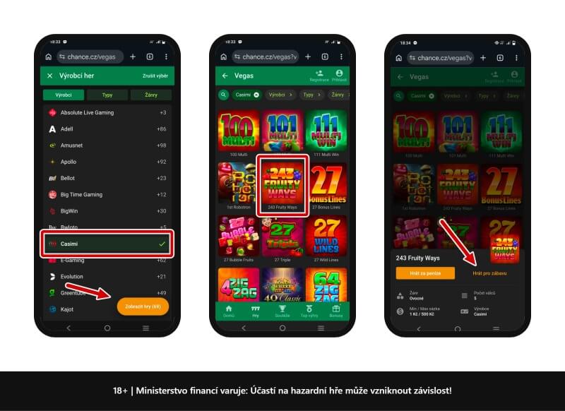 Postup jak si zahrát Casimi automaty zdarma u&nbsp;Chance Vegas